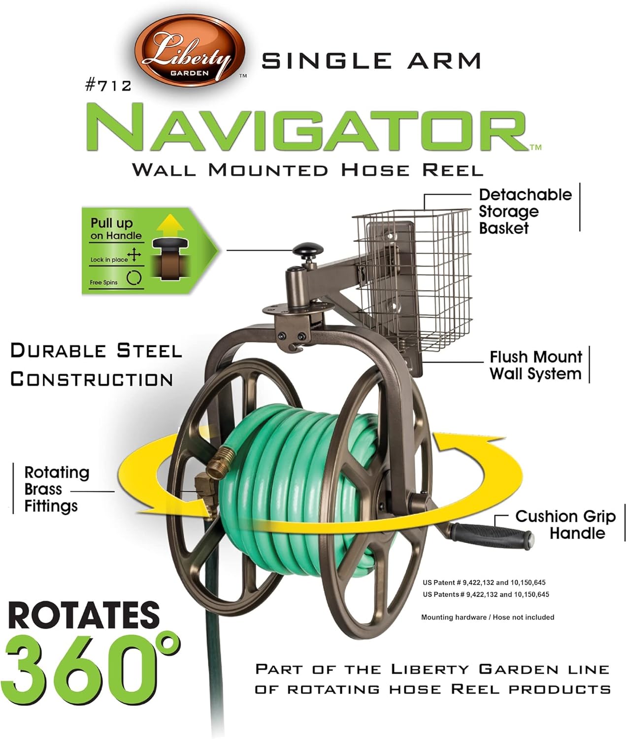 Liberty GARDEN 712 Single Arm Navigator Multi-Directional Garden Hose Reel, Holds 125-Feet of, 5/8-Inch, Bronze - Image 2