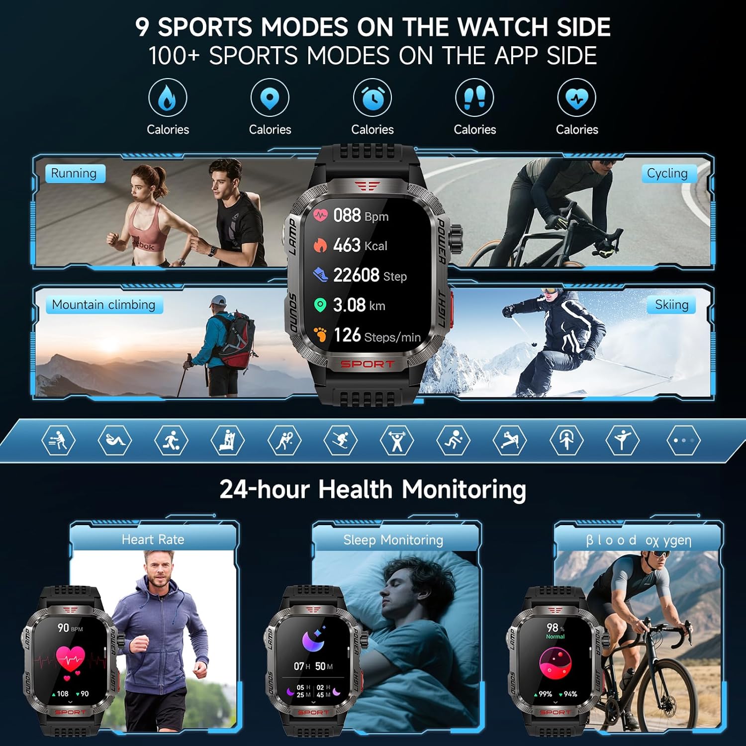 Military Smart Watches for Men - 40 Days Battery Life, Compass & Flashlight - 2.01'' HD IP68 Waterproof Smart Watch, Fitness Tracker with Call, Heart Rate, Sleep Monitor,100+ Sport Modes - Image 4