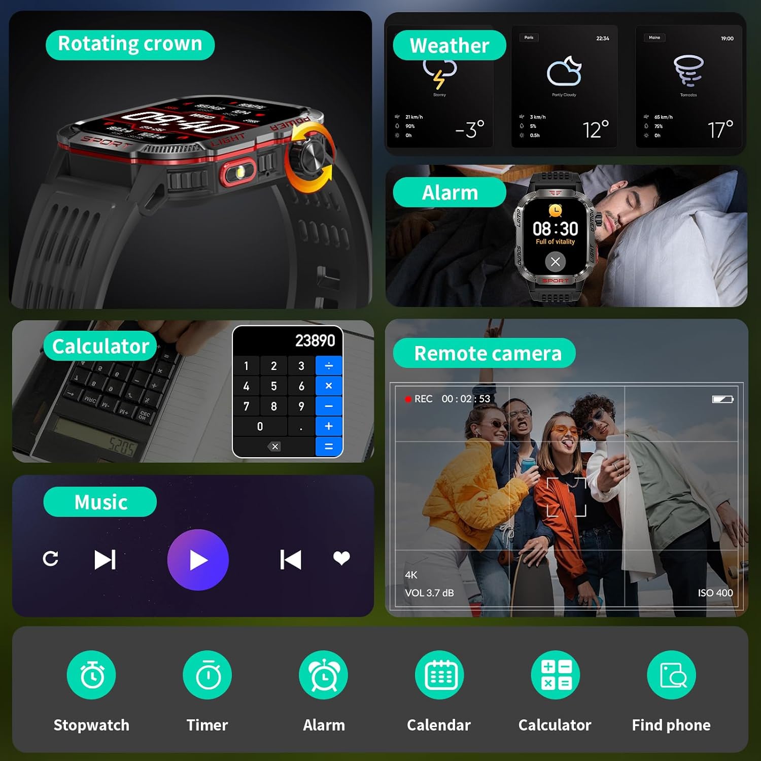 Military Smart Watches for Men - 40 Days Battery Life, Compass & Flashlight - 2.01'' HD IP68 Waterproof Smart Watch, Fitness Tracker with Call, Heart Rate, Sleep Monitor,100+ Sport Modes - Image 6
