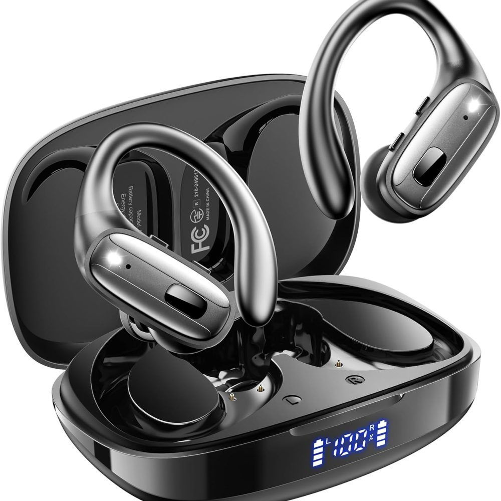 Wireless Earbuds, Sports Bluetooth 5.4 Headphones, Ear Buds with ENC Noise Canceling Mic, 80Hr Playtime Earphones, Palm-Sized, LED Power Display, IPX7 Waterproof Headset for Workout Running, Black